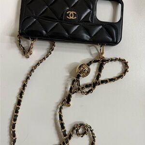 CHANEL Quilted Black Phone Case with Gold Chain IPhone 16 Pro max